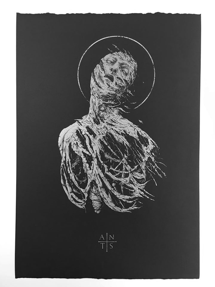 Antaeus Extase by Dehn Sora, silver ink on black paper, detail 1