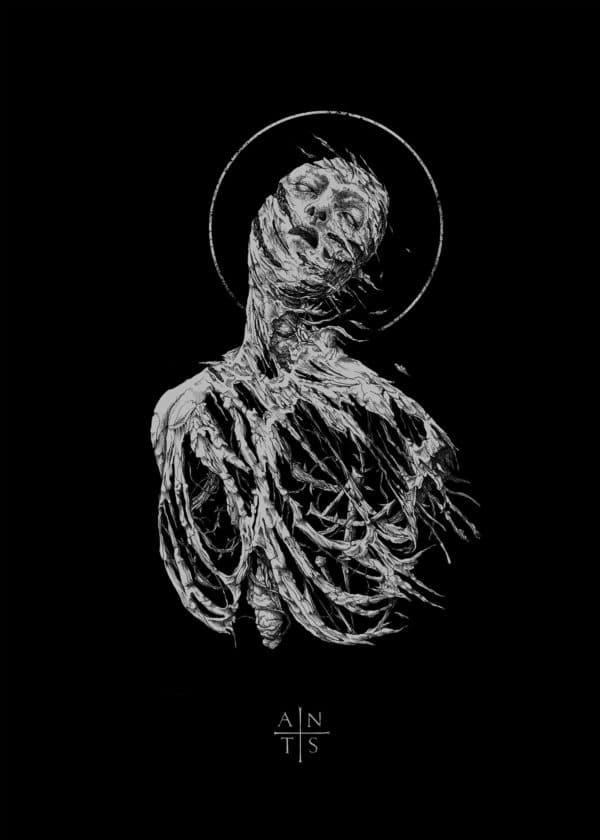 Antaeus Extase by Dehn Sora, silver ink on black paper